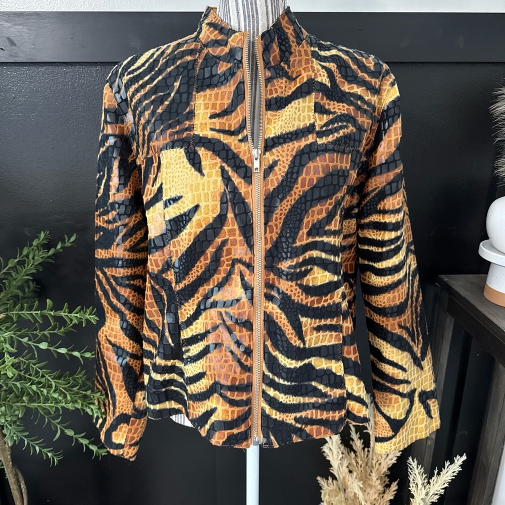 Selene Tiger Print Blazer Zip Up Jacket Jungle Chic Women's Large